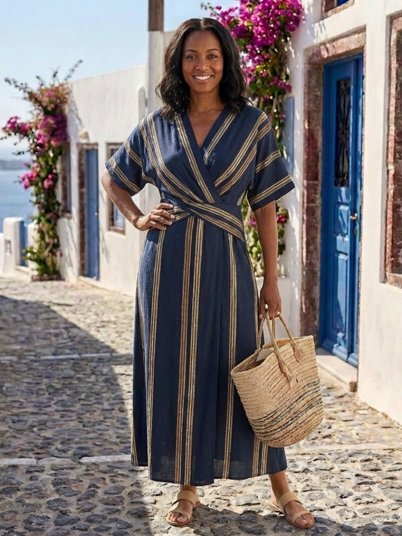 Celina | Sukienka Midi Kopertowa w Paski